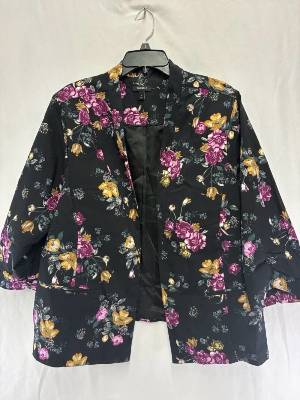 Torrid Black Floral Open-Front Blazer with Pink & Mustard Blooms
